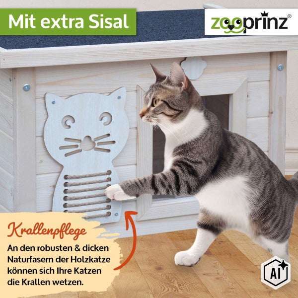 Katzenhaus aus Holz mit integriertem Sisal Kratzbrett in Katzenform zur Krallenpflege, Marke Zooprinz Logo.