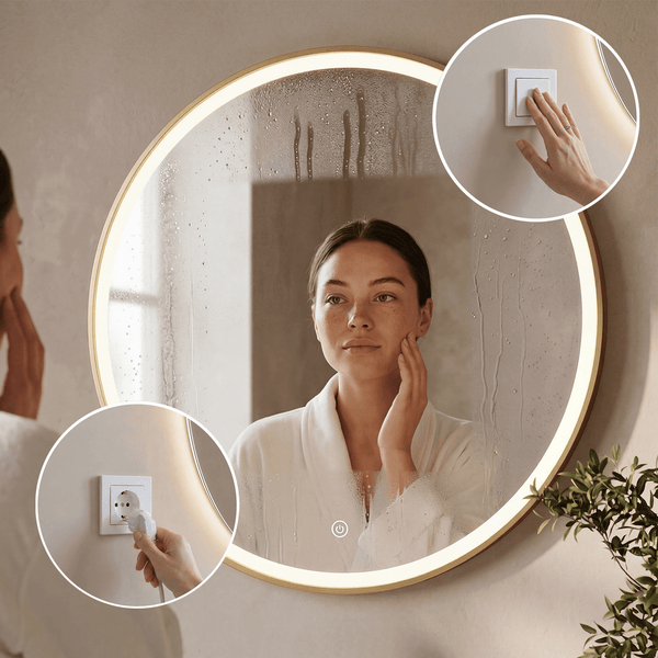 Runder Badezimmerspiegel mit LED Beleuchtung, Touch Sensor und Beschlagfrei Funktion, montiert an einer Wand mit Steckdose und Lichtschalter.