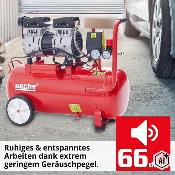 Hecht Kompressor mit Druckkessel und Manometer für leisen Betrieb bei 66 Dezibel.