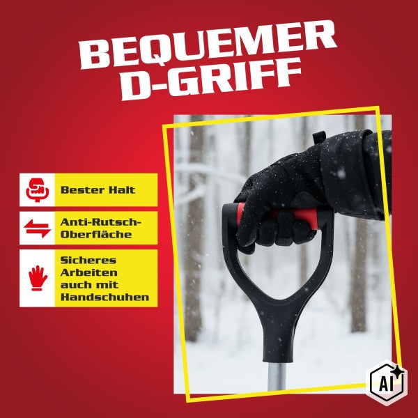 Ein bequemer D-Griff für Schaufeln mit Anti-Rutsch-Oberfläche für sicheren Halt, auch bei Verwendung mit Handschuhen bei der Arbeit im Winter.