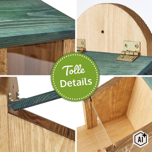 Detailansicht eines Vogelhauses aus Holz mit aufklappbarem Dach und Sichtscheibe.