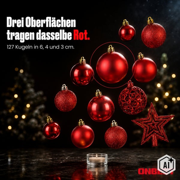 Set mit 127 roten Christbaumkugeln in verschiedenen Größen und Oberflächenstrukturen inklusive Weihnachtsbaumspitze und Onbest Logo