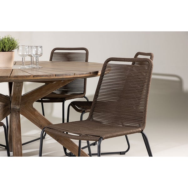 Gartentisch mit Stühlen aus Holz und Seil