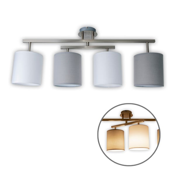 4er Deckenleuchte TILDE, klassische Deckenlampe aus Metall und Textil in Grau mit E27-Fassung, 82 cm lang, die Schirme sind verstellbar, ideal für Wohnzimmer, Esszimmer und Schlafzimmer