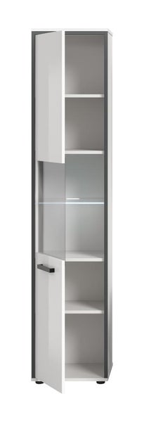 Hoher Badezimmerschrank in Weiß und Grau mit zwei Türen, Glaseinsatz, Fachböden und integrierter Beleuchtung.