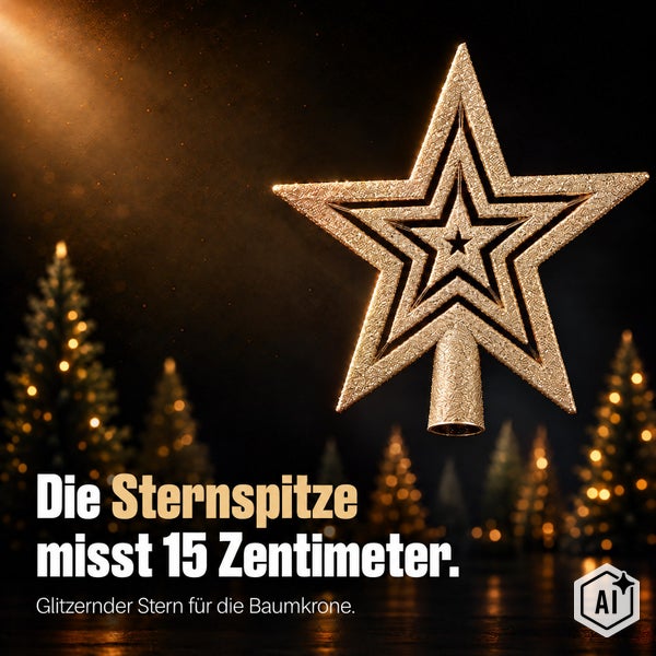 Glitzernde Weihnachtsbaumspitze in Sternform mit einer Höhe von 15 Zentimetern für die Dekoration der Baumspitze.