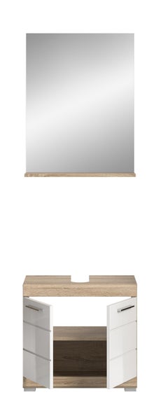 Badmöbel-Set bestehend aus einem Spiegel mit Holzablage und einem Waschbeckenunterschrank in Eiche-Dekor mit weißen Hochglanz-Türen.