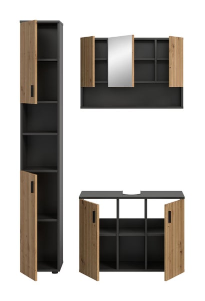 Dreiteiliges Badezimmermöbel-Set in Anthrazit mit Holzoptik-Lamellen, bestehend aus Hochschrank, Spiegelschrank und Waschbeckenunterschrank.