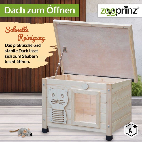 Zooprinz Katzenhaus aus Holz mit aufklappbarem Dach zur einfachen Reinigung und Katzensilhouette an der Vorderseite.