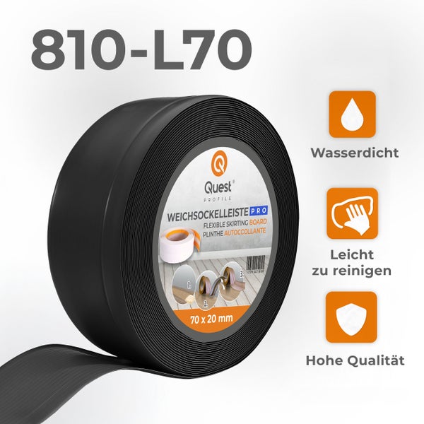 Eine Rolle Quest Profile Weichsockelleiste Pro, Maße 70 mal 20 Millimeter, wasserdicht, leicht zu reinigen und von hoher Qualität.