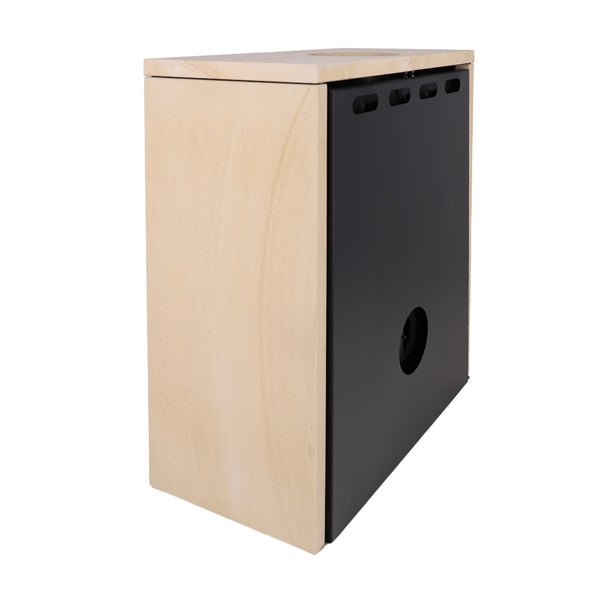 Moderne Wandleuchte aus hellem Holz mit schwarzem Metallgehäuse