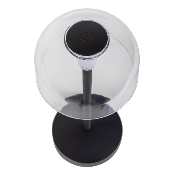 Tischleuchte mit transparentem Schirm und schwarzem Fuß