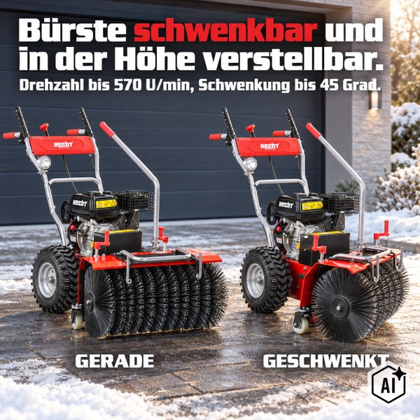 Hecht Kehrmaschine mit schwenkbarer Bürste für den Winterdienst auf verschneiter Einfahrt mit technischem Hinweis auf die verstellbare Bürste.