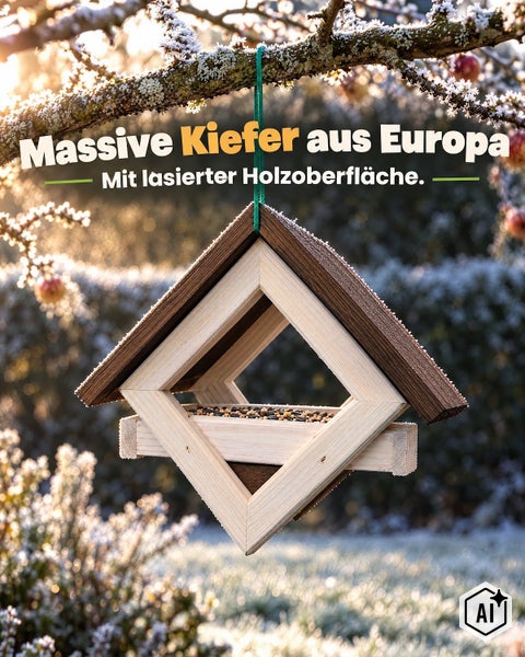 Vogelhaus aus massivem Kiefernholz mit lasierter Oberfläche zum Aufhängen im Garten im Winter.