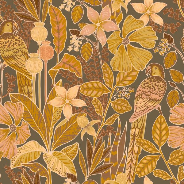 ESTAhome Tapete tropischen Blumen und Paradiesvögeln Terrakottabraun - 50 x 900 cm - 131159