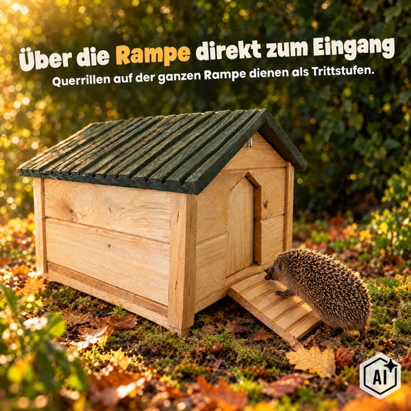 Igelhaus aus Holz mit abnehmbarem Satteldach und Holzfüßen für eine erhöhte Position im Garten.