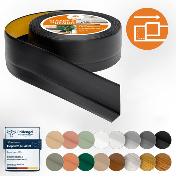 Quest Weichsockelleiste Selbstklebend 50 x 20 mm, PVC Sockelleiste, Flexibel, Schwarz, 20 Meter