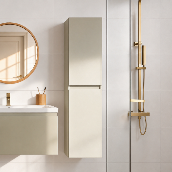 Modernes Badezimmer mit Waschtisch, hohem Badschrank, rundem Spiegel und goldener Duscharmatur vor hellen Wandfliesen.