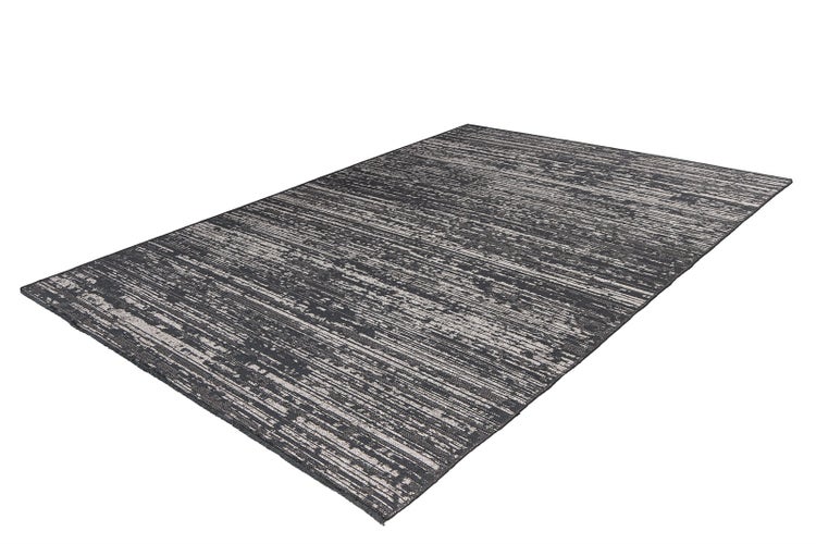 Rechteckiger Teppich mit linearem Muster in Anthrazit und Grau, Flachgewebe.