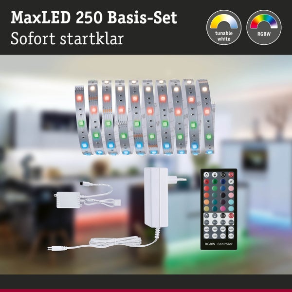 MaxLED 250 Basis-Set mit LED-Streifen, Netzteil, Controller und Fernbedienung für tunable white und RGBW Lichtsteuerung.