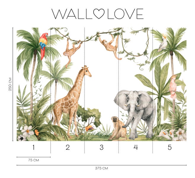 Illustration einer Dschungel-Fototapete mit Tieren und Pflanzen, Maße 250 cm x 375 cm