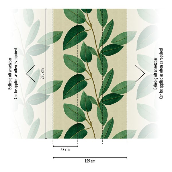 Vliestapete mit grünem Blattmuster, Höhe 280 Zentimeter, Breite 159 Zentimeter, Bahnbreite 53 Zentimeter, beliebig oft ansetzbar.