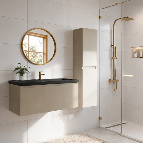 Modernes Badezimmer mit Waschtisch, Hochschrank, rundem Spiegel und begehbarer Dusche mit Armaturen in Metalloptik vor hellen Fliesen.
