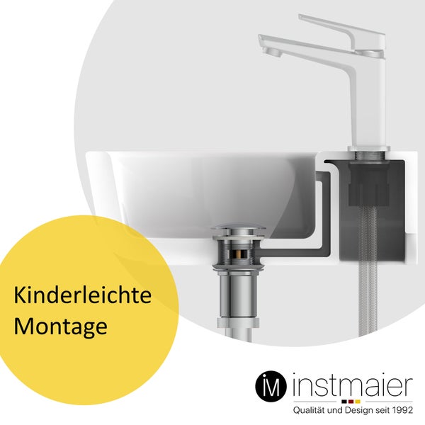 instmaier Ablaufgarnitur E1 | mit Überlauf | Waschbeckenstöpsel mit Push-Open Funktion | Pop Up Ventil Chrom