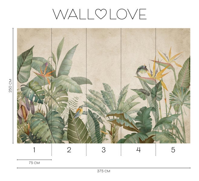 Wandtapete mit tropischen Pflanzen und Vögeln, Abmessungen 375 cm x 250 cm