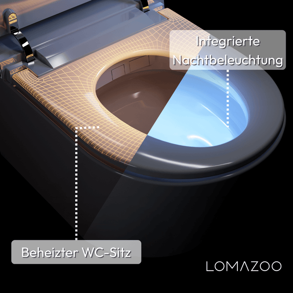 Dusch-WC von Lomazoo mit beheiztem WC Sitz und integrierter Nachtbeleuchtung für eine moderne Badezimmerausstattung.