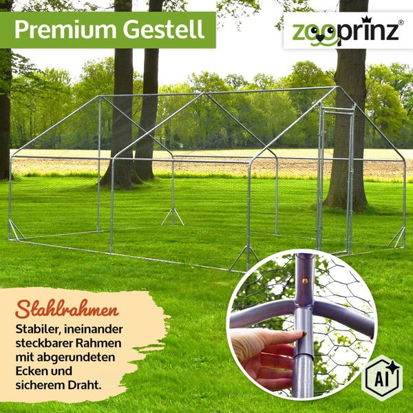 Freistehendes Tiergehege mit Stahlrahmen und Drahtgitter auf einer Wiese, Zooprinz Logo, Detailansicht der Steckverbindung des Rahmens.