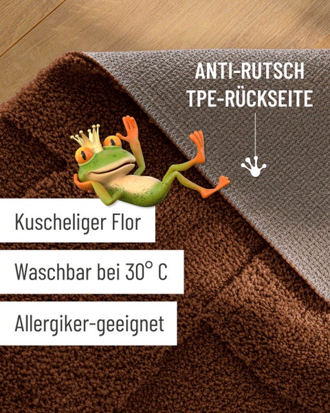 Badematte mit weichem Flor, rutschfester TPE Rückseite, waschbar bei 30 Grad, für Allergiker geeignet, mit Frosch Illustration.