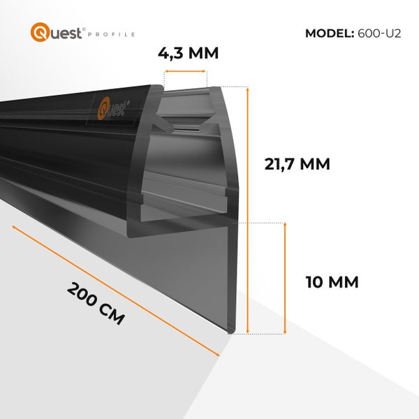 Quest Profil Modell 600-U2 mit den Maßen 4,3 Millimeter, 21,7 Millimeter, 10 Millimeter und 200 Zentimeter