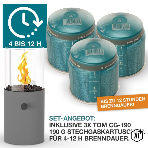 Set aus Tischkamin und drei Butan Propan Gaskartuschen mit insgesamt vier bis zwölf Stunden Brenndauer.