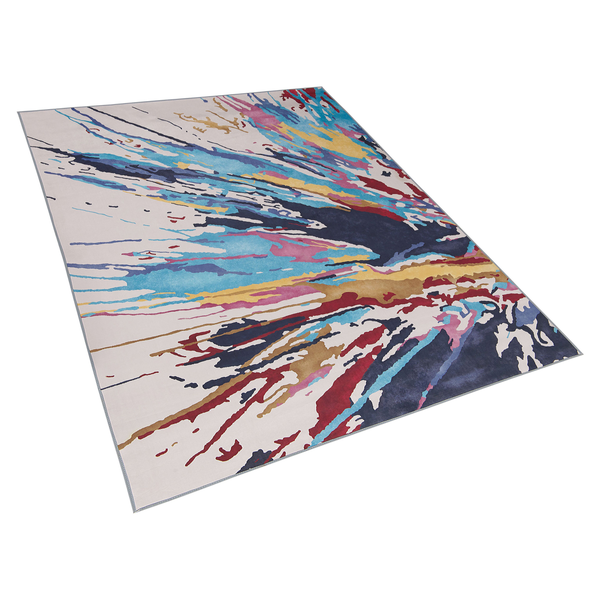 Moderner rechteckiger Teppich mit abstraktem Farbspritzer-Muster.