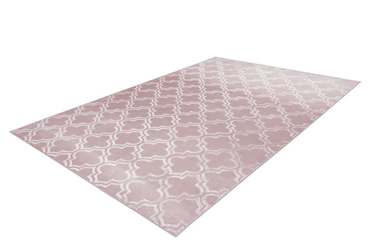 Rechteckiger Teppich mit geometrischem Trellis-Muster in Rosa und Weiß.