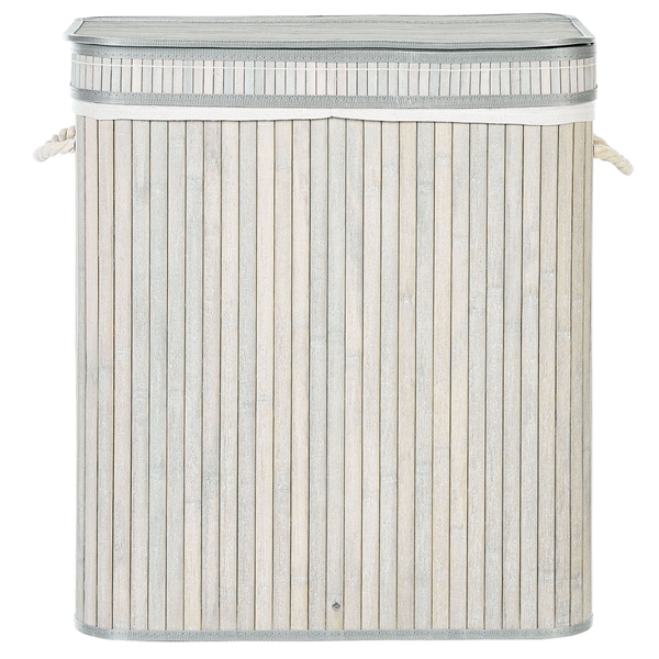 Wäschekorb aus Bambus in Grau, mit Deckel, zwei Fächern, Seilgriffen und Stoffeinsatz.
