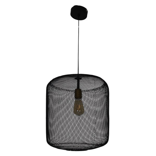 Zwei schwarze Gitter-Hängeleuchten mit Glühbirne