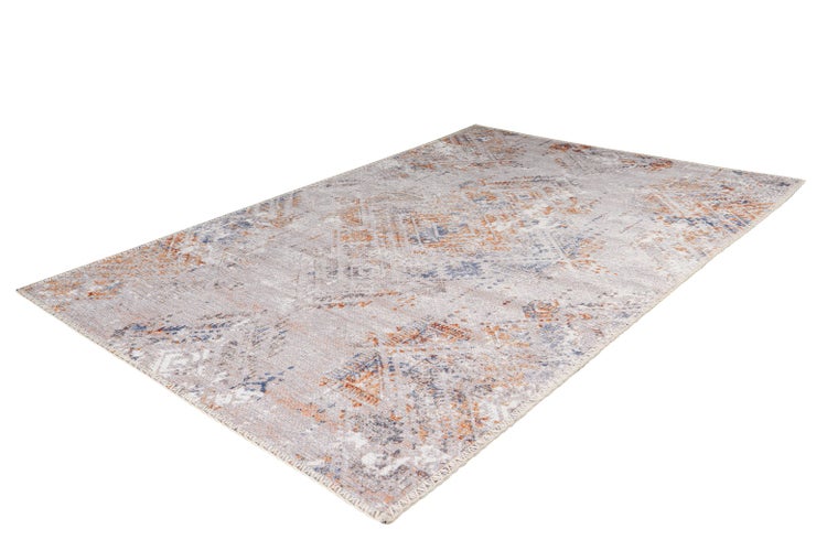 Rechteckiger Teppich mit Vintage-Muster in Grau, Orange und Blau.