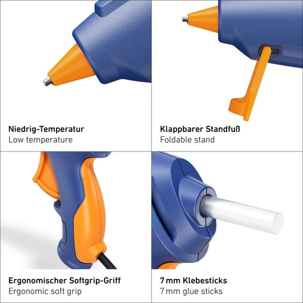 Details einer Heißklebepistole mit Niedrigtemperatur, ausklappbarem Standfuß, ergonomischem Griff und 7 Millimeter Klebesticks.