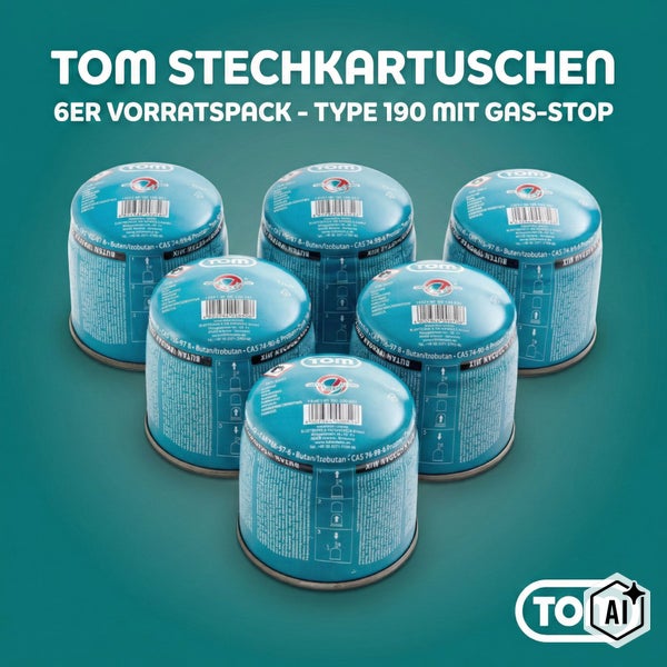 TOM Stechkartuschen Typ 190 mit Gas Stop, 6er Vorratspack für Campingkocher und Lötgeräte.