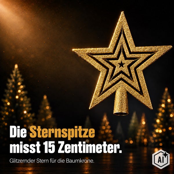 Weihnachtsbaumspitze in Sternform, 15 Zentimeter groß, glitzernde Oberfläche für die Dekoration der Tannenbaumspitze.