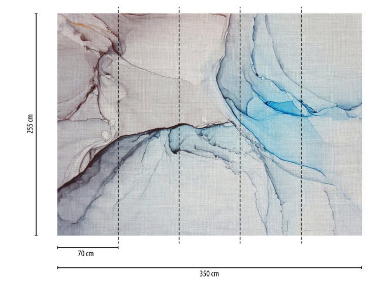 Vliestapete mit abstraktem flüssigem Muster in Blau und Grau, Maße 255 Zentimeter mal 350 Zentimeter, aufgeteilt in 5 Bahnen von 70 Zentimetern.