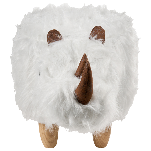 Dekorativer Hocker in Form eines weißen, fellartigen Nashorns mit Holzbeinen.