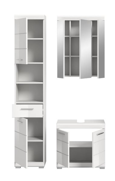 Badmöbel-Set 3-teilig bestehend aus Hochschrank, Spiegelschrank und Waschtischunterschrank, Hochglanz-Oberfläche mit Metallgriffen.