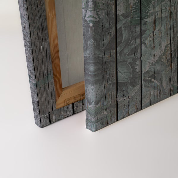 Leinwandbild mit Pflanzenmotiv auf Holzoptik Hintergrund auf einem Echtholz Keilrahmen montiert.