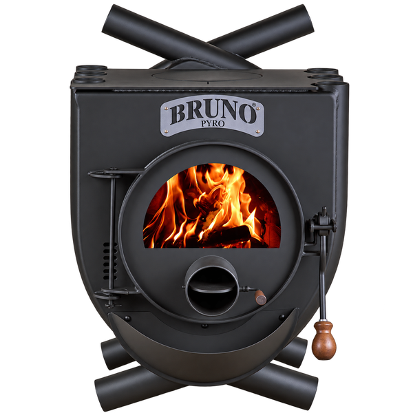 Bruno Pyro Warmluftofen mit brennendem Feuer im Sichtfenster und Bruno Logo auf der Vorderseite.