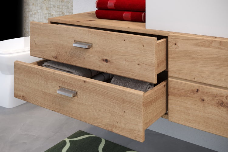 Geo Bad Waschbeckenunterschrank 2 Schubladen, 1 Klappe, Waschbecken Eiche Dekor, MineralgussAufsatzwaschbecken weiß . 140 X 53 X 50 cm