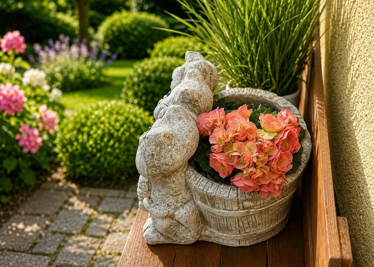 Steinfigur in Tierform als Pflanzkübel auf einer Gartenbank mit blühenden Pflanzen vor einem grünen Gartenhintergrund.