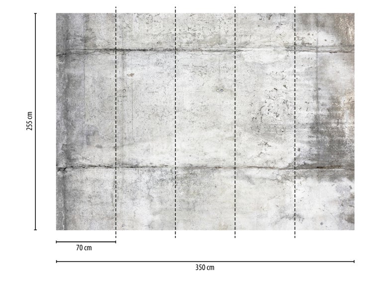 Fototapete in Betonoptik, 350 Zentimeter breit und 255 Zentimeter hoch, aufgeteilt in fünf Bahnen zu je 70 Zentimeter.